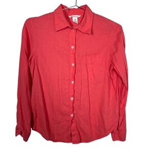 H&M Linen Coastal Coral Pink Button Down Shirt Long Sleeve Pocket XS